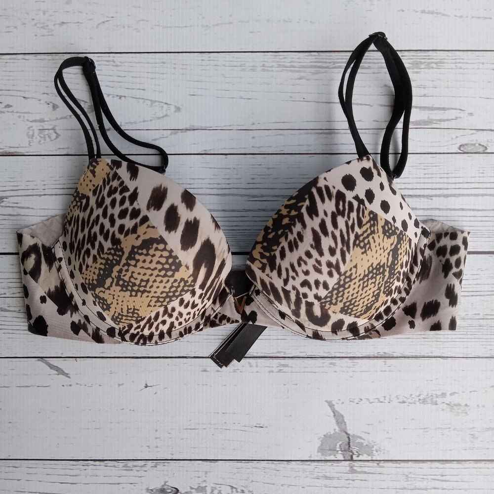 Victoria's Secret Leopard Animal Print Push Up Black Strap Accents Bra Sz. 34B